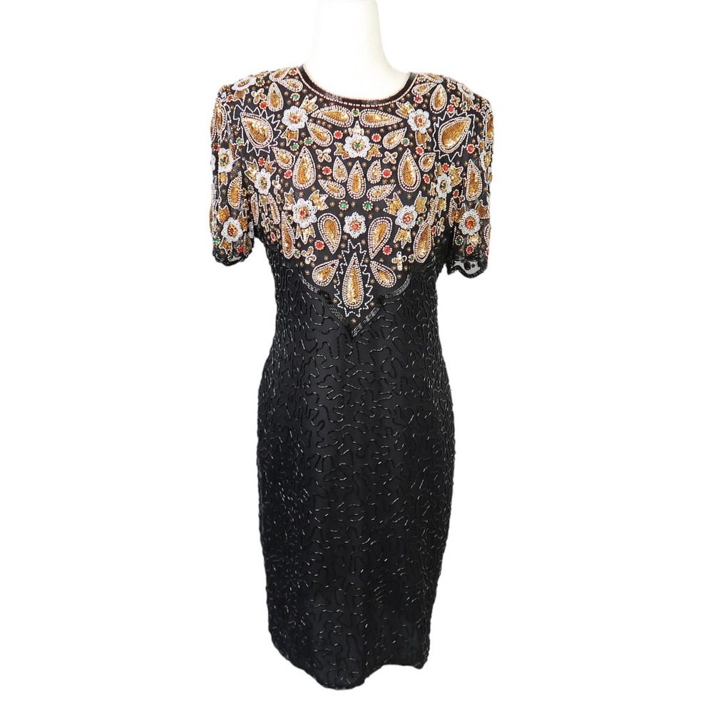 Vintage 80s Laurence Kazar black and gold silk sequin beaded cocktail dress M